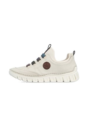 Hvid afslappet sneaker med chunky sål, flerfarvede elastiske snøreløkker, brun cirkulær logo-patch samt trækkehåndtag på tunge og hæl.