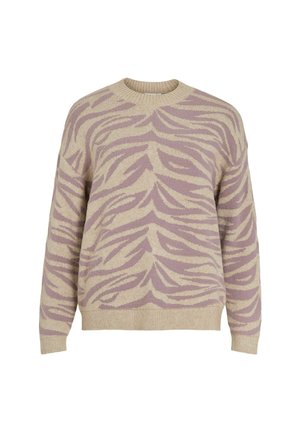 Beige und helllila gestrickter Pullover mit einem Zebramuster, langen Ärmeln und ribbeltem Rundhalsausschnitt, Bündchen und Saum.