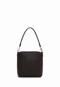 Borsa a mano in pelle marrone scuro con finitura testurizzata, forma rettangolare, manico corto e chiusura superiore con zip. Design minimalista con accessori in metallo.