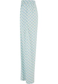 Pantalon à carreaux bleu clair et blanc avec taille élastique, coupe jambes larges, présenté de profil sur fond blanc.