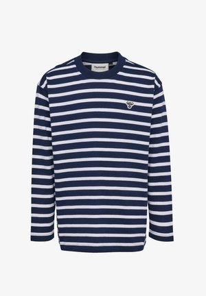 Langarm T-Shirt in marineblau mit weißen Streifen aus Baumwolle, mit Rundhalsausschnitt und kleinem Logo auf der Brust.