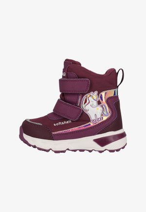 Botte imperméable softshell violet pour enfant avec deux bandes Velcro et une décoration licorne brillante sur le côté.