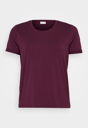 Maroon short-sleeve t-shirt made of soft fabric, featuring a crew neckline and rolled sleeves, with a smooth texture and casual cut.