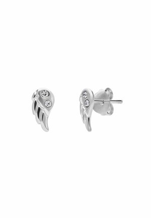 Silver wing-shaped stud earrings adorned with two clear rhinestones, featuring a polished finish and smooth texture.