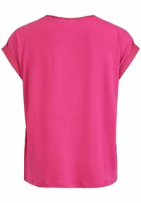 Top a maniche corte, dal taglio morbido, realizzato in morbido tessuto di un brillante colore rosa. Presenta un collo rotondo e polsini arrotolati, con un orlo dritto.