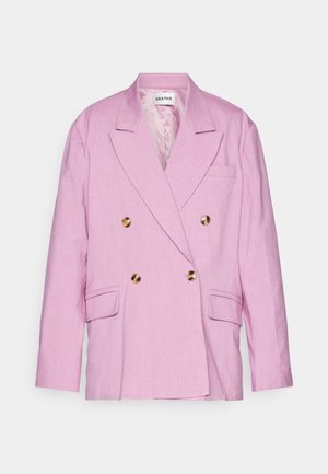 Sacou încheiat cu două rânduri de nasturi dintr-un amestec de in ușor roz, cu nasturi aurii, rever crapate și buzunare frontale. Căptușeală interioară netedă.