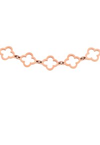 Rosaguld armbånd med sammenkoblede blomsterformer med åbne centre, glat tekstur og poleret finish.