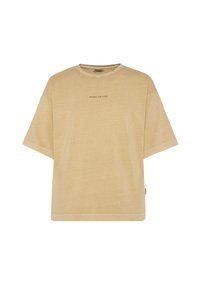 Beige oversized t-shirt made of cotton blend, with short sleeves and a crew neck. Features logo printed in a darker shade on the front.