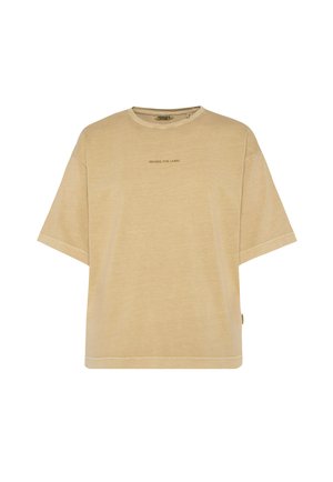 Beige Oversize-T-Shirt aus Baumwollmischung, mit kurzen Ärmeln und Rundhalsausschnitt. Mit einem Logo in einer dunkleren Farbe auf der Vorderseite.