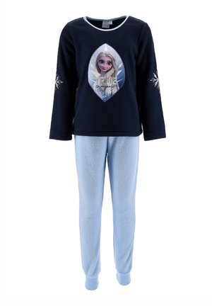 Fleece pajama set featuring a navy long-sleeve top with a character graphic and light blue fuzzy pants with ribbed cuffs.