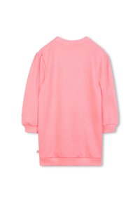 Rochie pulover roz cu maneci lungi, caracterizată prin umeri bufanți și accente de stras împrăștiate. Material moale și guler canelat.