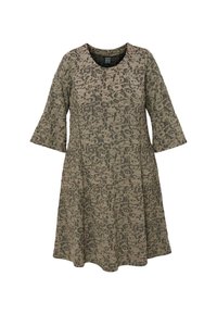 Knee-lange jurk met driekwartbelmouwen, ronde halslijn, losse pasvorm en een bruine luipaardprint.