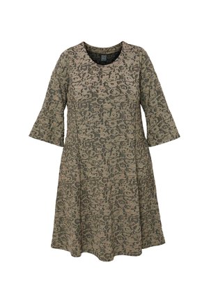 Vestido hasta la rodilla con mangas acampanadas de tres cuartos, escote redondo, corte suelto y estampado de leopardo marrón.