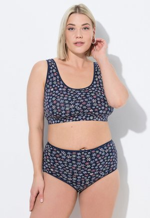 Marine-blauwe bloemenprint twee-delige zwemset bestaande uit een top met ronde hals en hooggeplaatste broekjes. Zachte stof met een gladde textuur.