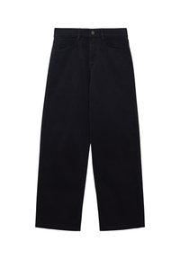 Pantalones de pierna ancha negros de cintura alta con botón y cremallera en el frente, trabillas para cinturón, bolsillos laterales y un pequeño bolsillo para monedas.