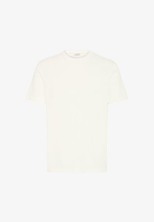 Koszulka z krótkim rękawem z bawełny w kolorze kremowym. Prosty okrągły dekolt, gładka faktura, brak widocznych wzorów i akcentów. Standardowy krój uniseks.