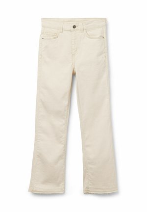 Vaqueros de pierna ancha beige, fabricados en algodón, con cinco bolsillos, cierre de botón y detalles de dobladillo deshilachado para mayor textura.