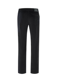 Zwarte corduroy broek met rechte pijpen, voorzien van een merklabel op de tailleband, achterzakken en verticale ribbels.