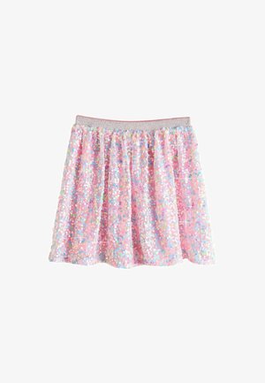 Vaaleanpunainen paljettihame, jossa on rypistetty muotoilu ja teksturoidusta elastisesta vyötäröstä, joka on koristeltu hopeisilla yksityiskohdilla. Kiiltävät paljetit luovat säihkkeen vaikutelman.