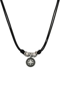 Collana in corda nera con perline di tonalità argento, alternate nella trama, con un ciondolo circolare che presenta un motivo di stella in rilievo.