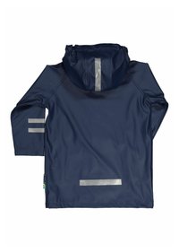 Marinen, vandtæt jakke med hætte, med sølvreflekterende striber på ærmerne og ryggen, lavet af glat, fleksibelt materiale.