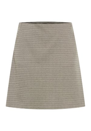 A-line skirt in gray with a small check pattern. Features a smooth texture and a clean waistband. Falls above the knee.