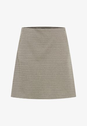 A-line skirt in gray with a small check pattern. Features a smooth texture and a clean waistband. Falls above the knee.
