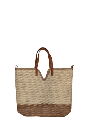 Grande borsa a rete di paglia con manici in pelle marrone. Presenta una palette di colori neutri con un motivo testurizzato e un'apertura a forma di V.
