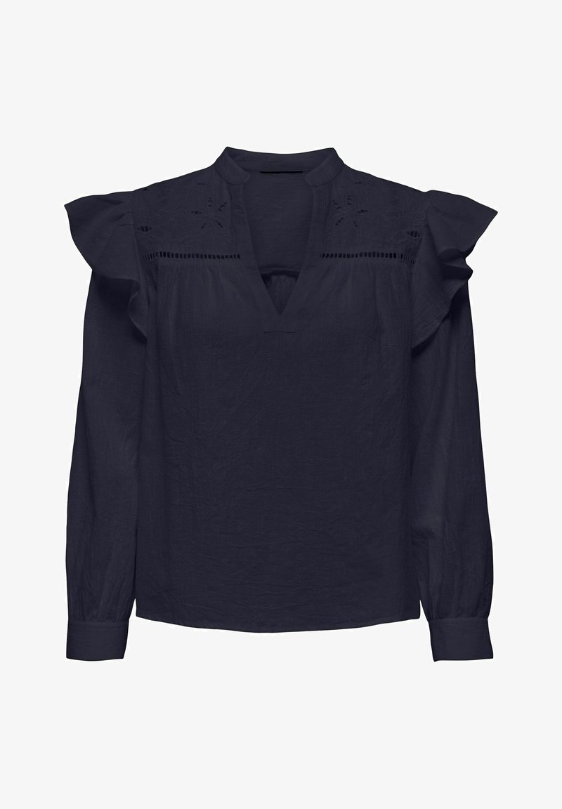 Blusa blu scuro con maniche lunghe, dettagli arricciati sulle spalle, yoke in pizzo floreale e scollatura a V con colletto corto rialzato.