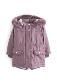 Veste matelassée violette avec capuche en fausse fourrure, boutons-pression, deux poches avant ornées de volants et détails rayés aux poignets.