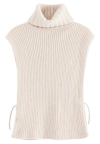 Geribbelde, zachte crèmekleurige turtleneck poncho met korte mouwen, zijstrikken en een relaxte pasvorm. Stof lijkt warm en textuur aan te bieden.