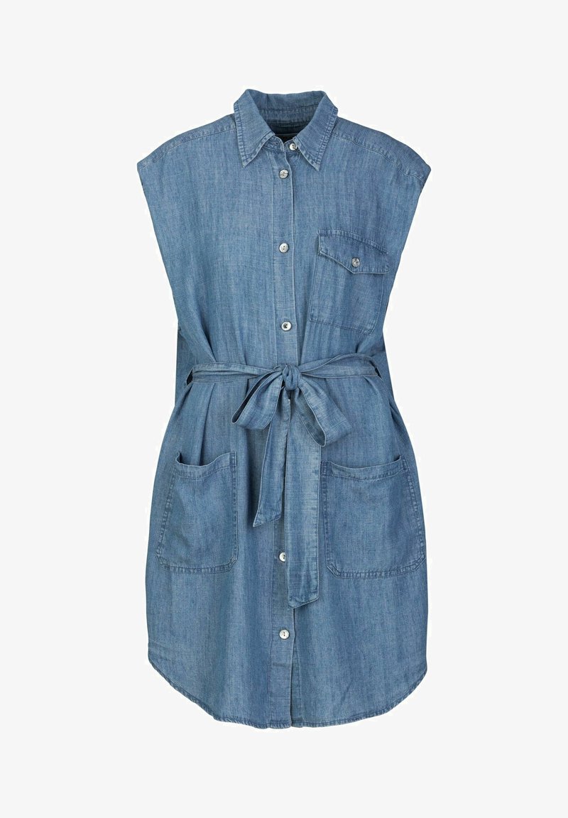 Denimkleid mit kurzen Ärmeln, durchgehender Knopfleiste, zwei Brusttaschen, tailliertem Bindegürtel und abgerundetem Saum. Farbe: hellblau.