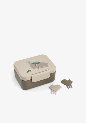 Rektangulær beige og brun madkasse med en tegneserie-næsehorn iført hat på låget, ledsaget af to små madpinde formet som fugle.