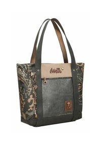 Tasche aus dunkelgrünem und beige Paneelen, dekorativen grafischen Mustern, doppelten Griffen, einer Reißverschlusstasche vorne und einem Logo-Akzent.