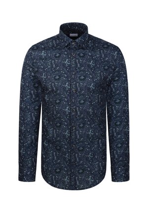 Camicia blu scuro a maniche lunghe con bottoni e piccolo motivo floreale in tonalità azzurro chiaro e bianco.