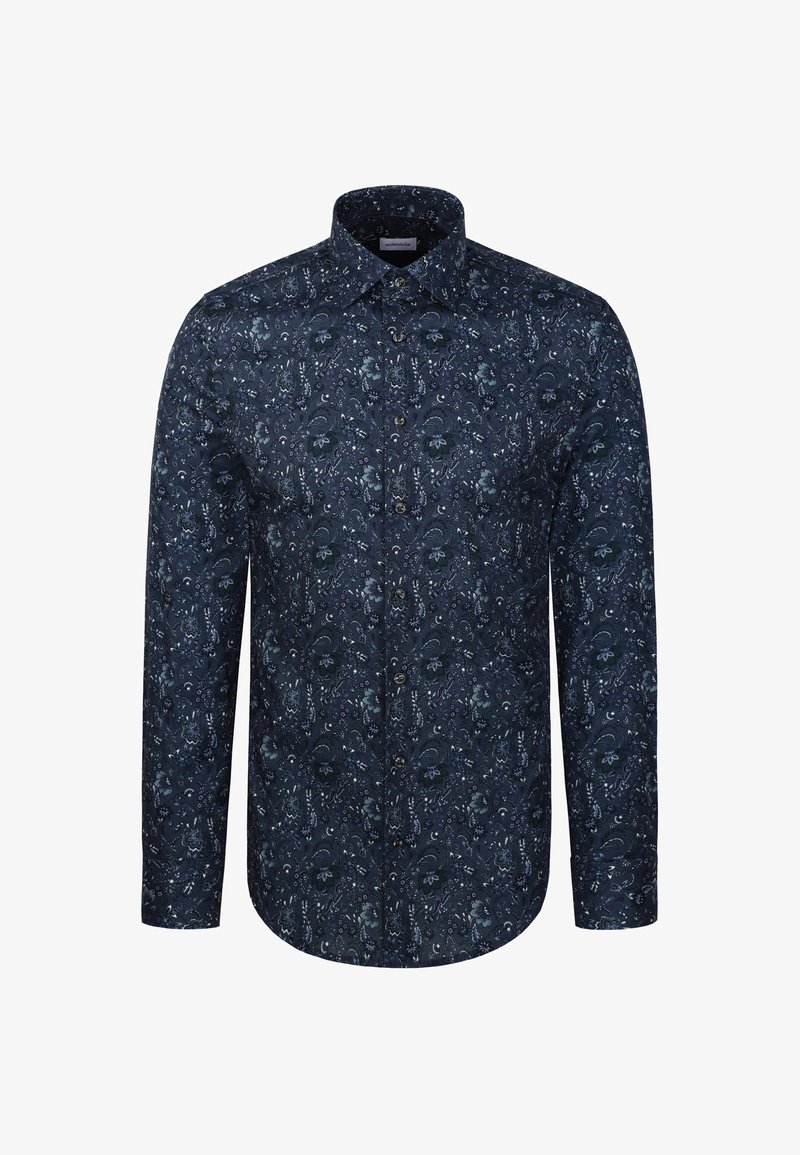 Chemise bleu foncé à manches longues avec petits boutons et un petit motif floral dans des tons bleu clair et blanc.