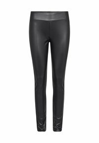 Zwarte neplederen leggings met een gladde textuur, hoge tailleband en een aansluitende pasvorm, ontworpen voor een strakke uitstraling.