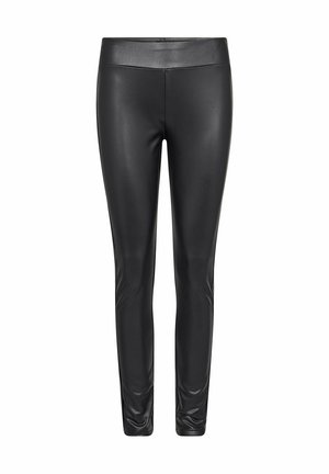 Zwarte neplederen leggings met een gladde textuur, hoge tailleband en een aansluitende pasvorm, ontworpen voor een strakke uitstraling.
