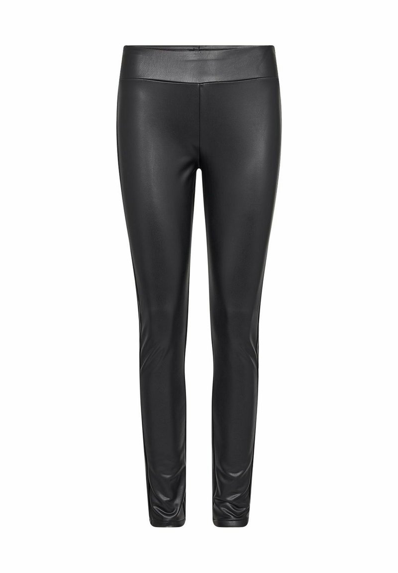 Zwarte neplederen leggings met een gladde textuur, hoge tailleband en een aansluitende pasvorm, ontworpen voor een strakke uitstraling.