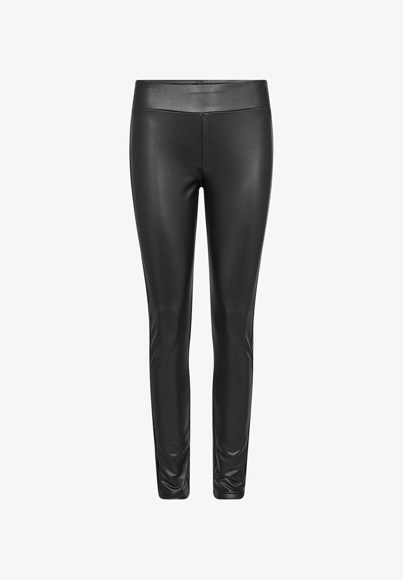 Zwarte neplederen leggings met een gladde textuur, hoge tailleband en een aansluitende pasvorm, ontworpen voor een strakke uitstraling.