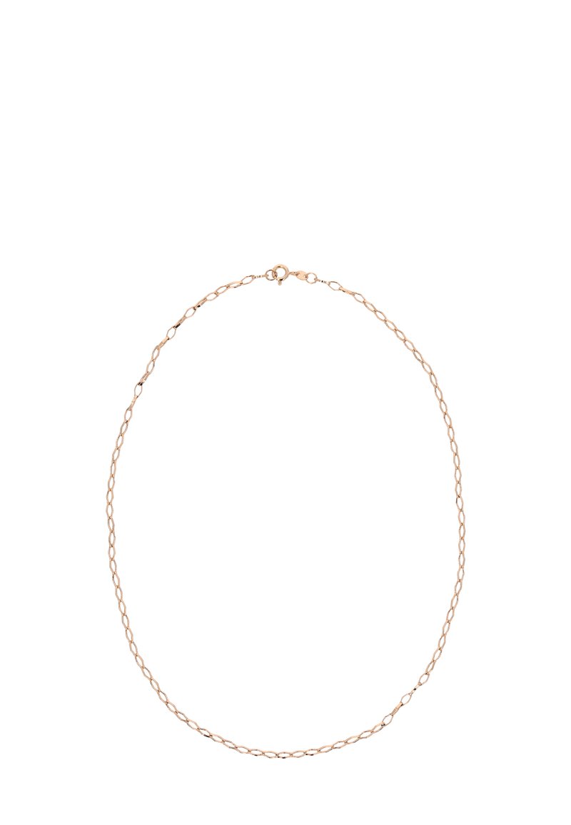 Guldtonet metal kædehalskæde med ovale led, der har en låseanordning. Glat overflade og jævn finish i hele designet.