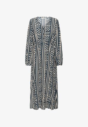 Lang, knap-ned kjole i marineblå og creme med vertikale og vandrette stribemønstre. Har en V-hals, lange sammensnørede ærmer og en indsnævret talje.