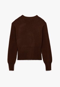 Brązowy sweter z dzianiny, skrócony fason, ribbowe okrągłe dekolt i mankiety, gładka tekstura, jednolita tkanina bez wzorów czy akcentów.