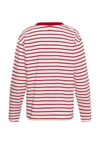 Punase ja valge triibuline pikade varrukatega särk, millel on ümmargune kaelus ja pehme puuvillane kangas, ühtlased horisontaalsed triibud ja mugav lõige.