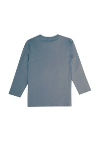 Camicia a maniche lunghe in morbido tessuto blu tenue. Texture liscia con scollo tondo e fondo dritto, senza motivi o accenti visibili.