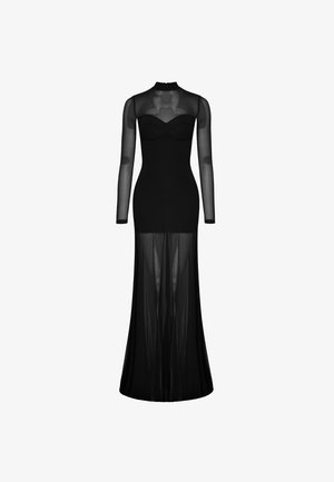 Robe noire à manches longues avec un corsage ajusté et une superposition transparente. Col haut, longueur au sol, avec des détails en forme de tasse et un tissu fluide.