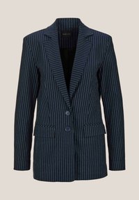 Marineblau gestreifter Blazer mit zwei Knöpfen, Reverskragen und zwei Fronttaschen. Glattes Material mit vertikalen weißen Streifen.