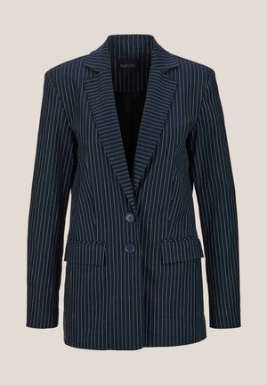 Marineblauwe pinstripe blazer met twee knopen, gekarteld revers en twee voorkeuzes. Gladde stof met verticale witte strepen.