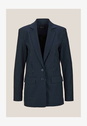 Marineblauwe pinstripe blazer met twee knopen, gekarteld revers en twee voorkeuzes. Gladde stof met verticale witte strepen.