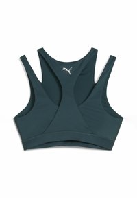 Sujetador verde oscuro con un diseño de espalda nadadora, hecho de material suave, con un pequeño logotipo plateado en el centro y tirantes anchos.